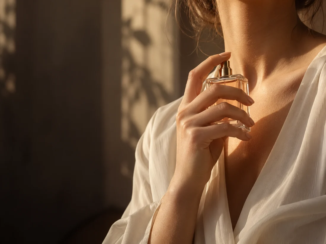 Gesto di applicazione del profumo, immagine editoriale