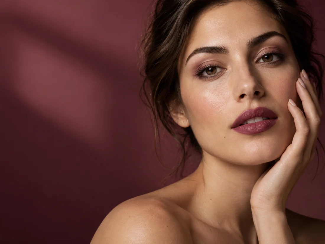 Look make-up con labbra color bacca, immagine editoriale